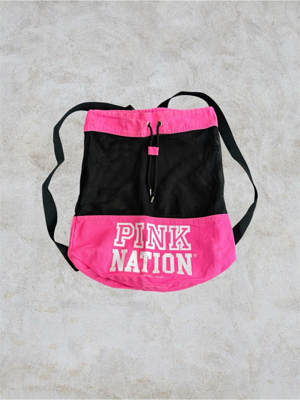 PINK Victoria's Secret Black and Hot Pink Mesh Drawstring Backpack